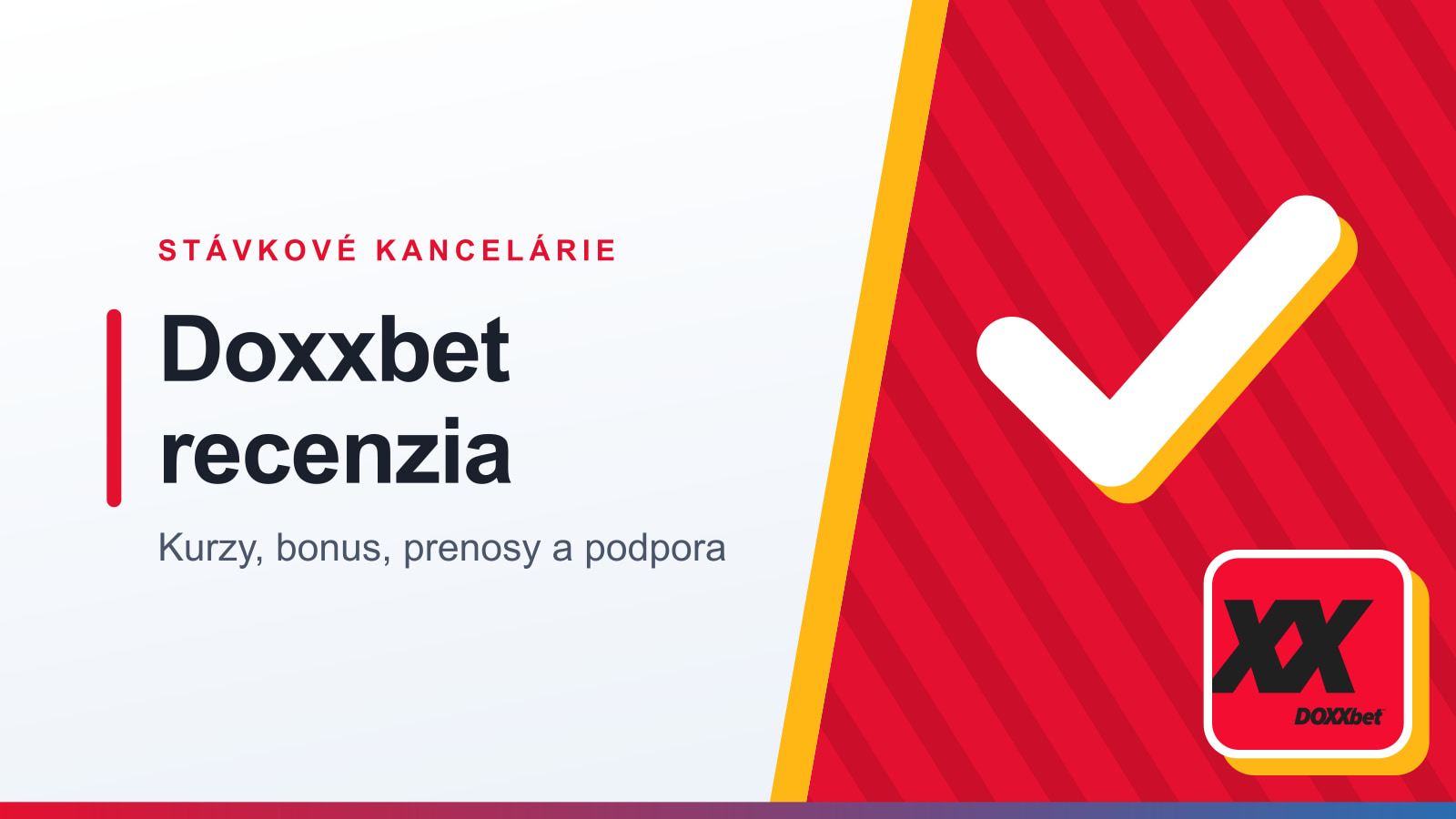 Grafika rubriky Stávkové kancelárie s nadpisom Doxxbet recenzia a podtitulom Kurzy, bonus, prenosy a podpora