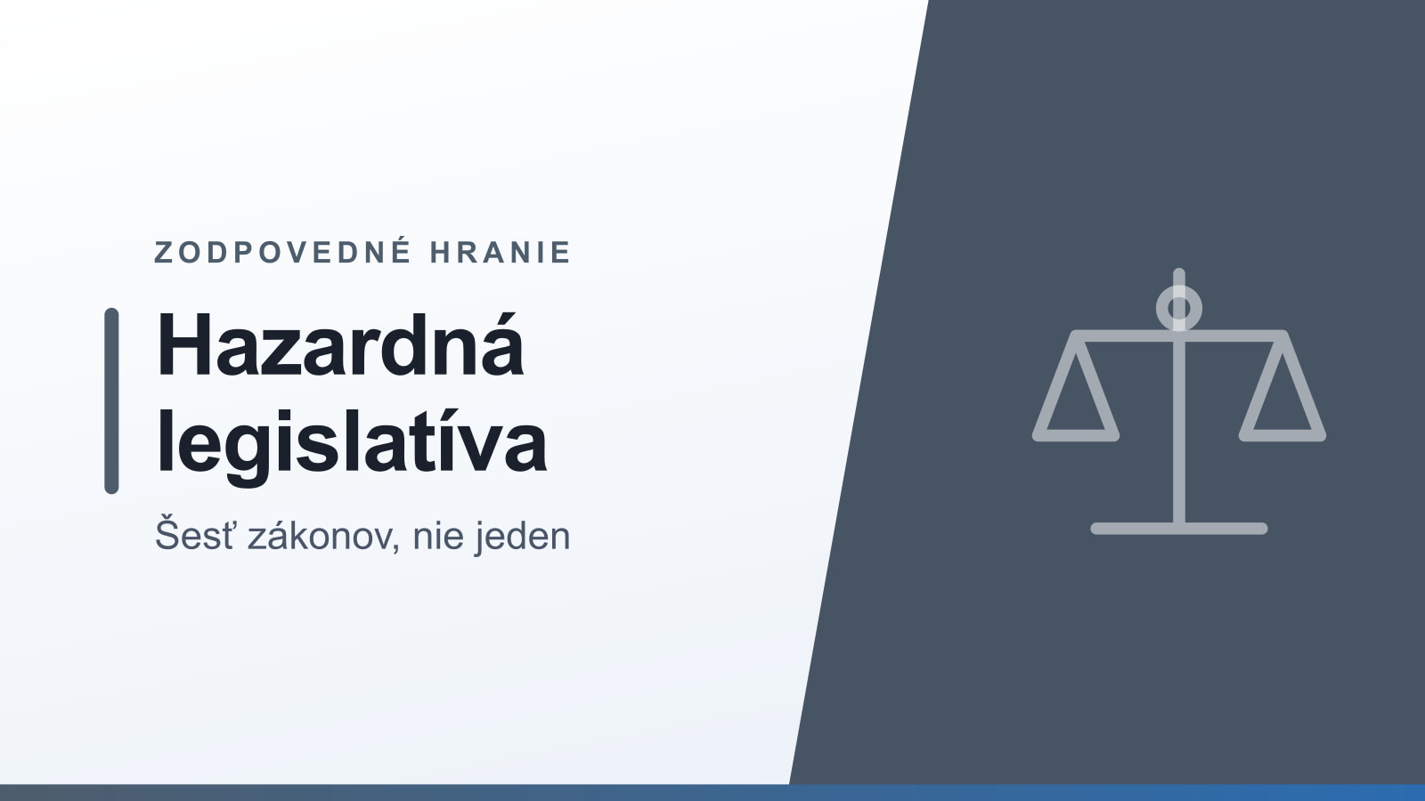 Grafika rubriky Zodpovedné hranie s nadpisom Hazardná legislatíva a podtitulom Šesť zákonov, nie jeden