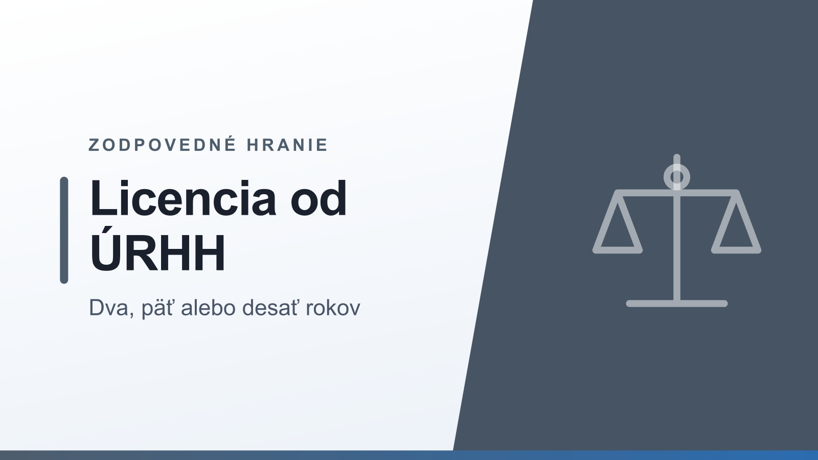 Grafika rubriky Zodpovedné hranie s nadpisom Licencia od ÚRHH a podtitulom Dva, päť alebo desať rokov